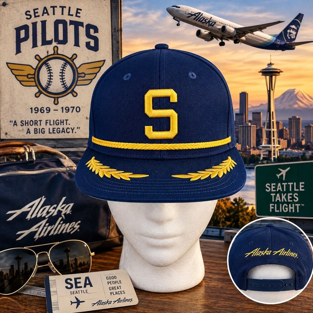 Seattle Pilots Mariners Hat Cap Alaska Airlines Blue SnapBack EUC Baseball MLB